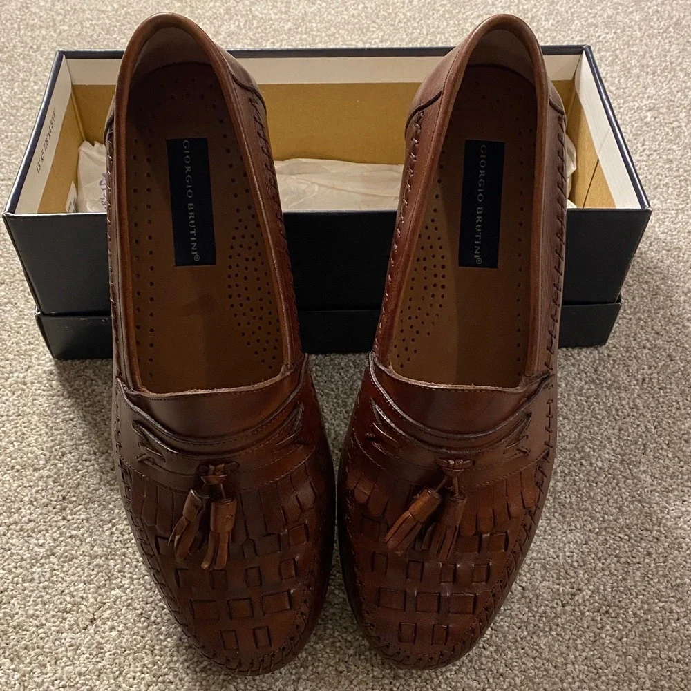 Giorgio Brutini Mens Leather‎ Tassel Loafer Shoes Brown Woven Size 10